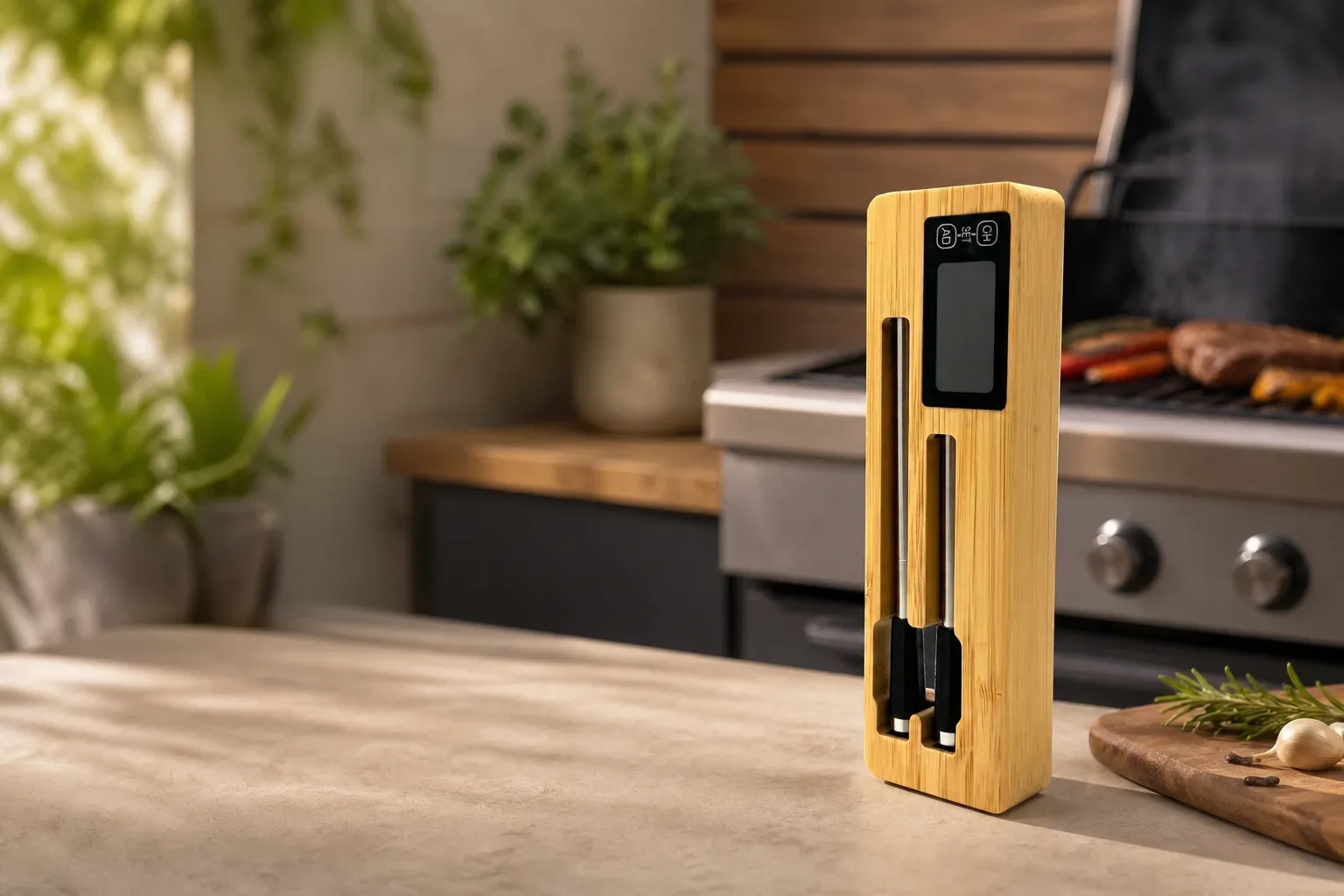 Wooden charging block holding two wireless meat thermometer probes on a kitchen counter beside a barbecue grill, with herbs and garlic on a chopping board in the foreground